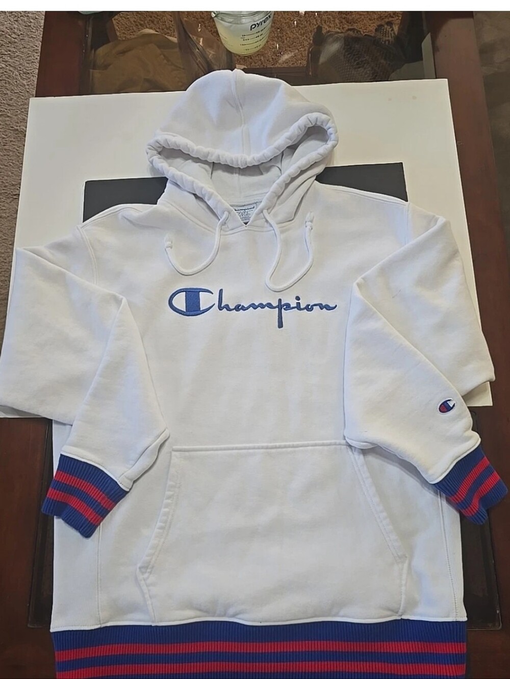 Champion Logo Hoodie Pullover Sweatshirt White Size L